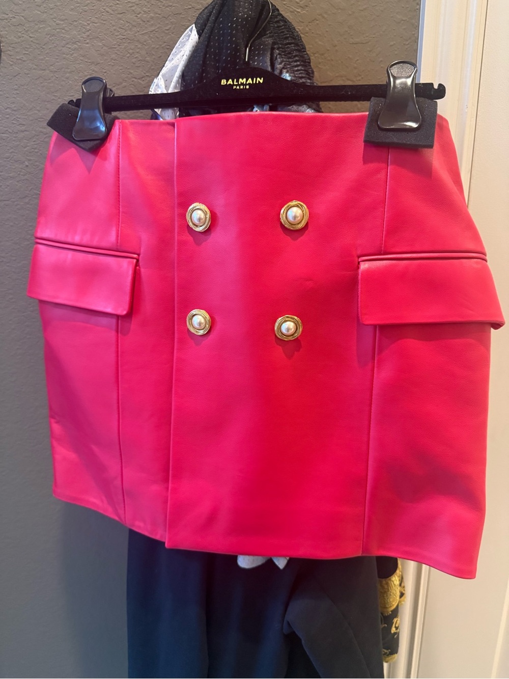 Balmain Hot Pink Leather Mini Skirt with Gold Buttons
